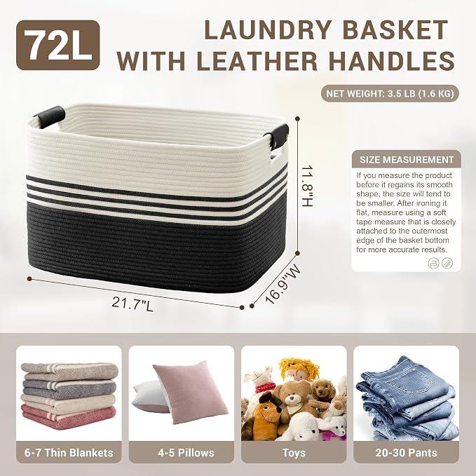 72L Large Woven Laundry Basket Hamper with Leather Handles,Black | 22"x17"x12", collapsible wicker hamper, storage for dirty clothes, toys, blankets, gifts, living room, bedroom, bathroom