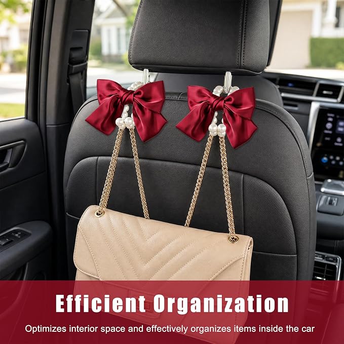 2 PCS Bow Pearl Car Seat Headrest Hook, Car Seatback Hanging Organizer Elegant Pearl Purse Hanger, Cute Bow Vehicle Interior Headrest Storage Hook for Handbag Purse Coat (Red)