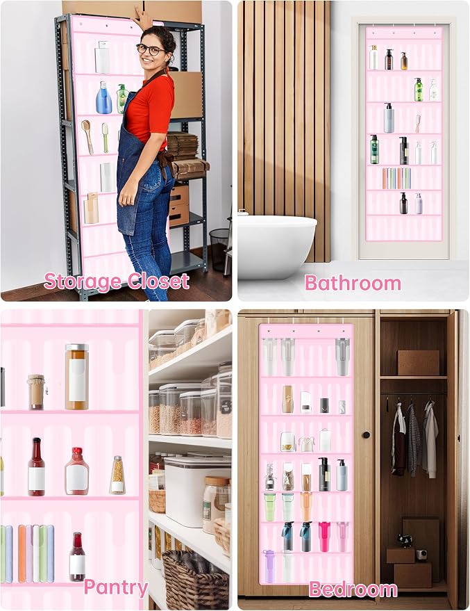 NiHome 35-Pocket Door Hanging Cup Organizer Fit for Stanley Tumbler 30 40oz | Large Capacity Over the Door Water Bottle Storage with Nano Tape, Waterproof Oxford Fabric, U-Shaped Handle Slots (Pink)