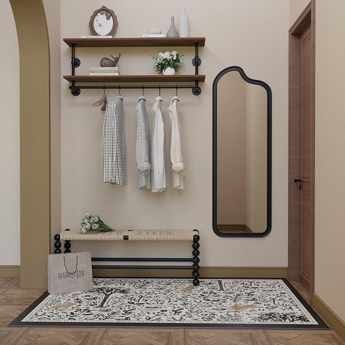 Clothes Rack 36in, 2 Tier Wall Mounted Garment Rack with Real Wood Shelf, Heavy Duty Hanging Clothes Rack, Multi-Purpose Hanging Rod, Space-Saving Closet Storage