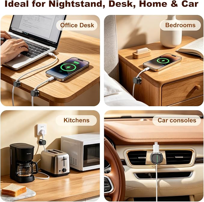 Magnetic Cable Clips 12 Pack, 360° Rotatable Self-Adhesive Cord Holder with One-Hand Open Lid, Cable Management for Nightstand Desk Car Phone Charger