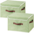 2PCS Collapsible Storage Boxes Baskets with Lid Cotton Linen Fabric Storage Bins with Faux Leather Handles Washable Cube Organizer Container for Home Closet Bedroom (Green, Large Size)