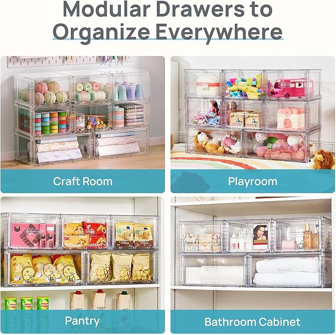 Vtopmart 6 Pack Clear Stackable Storage Bins, Easily Assemble Bathroom Organizers,Plastic Storage Bins for Kitchen Pantry,Under Sink Organization(Medium)