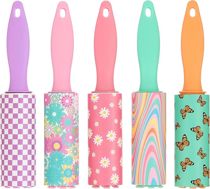 5pc Retro Mini Lint Roller Value Pack - Colorful Compact Rollers for Travel | Pet Hair & Lint Remover for Clothing & Household Use. Portable On-the-Go Lint Removers