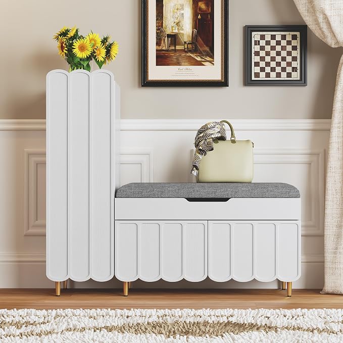 3More Shoe Organizer Cabinet,Entryway Bench with Adjustable Shelves and Cushioned Seat,Unique L-Shaped Bench Cabinet for Entryway, Hallway, Living Room