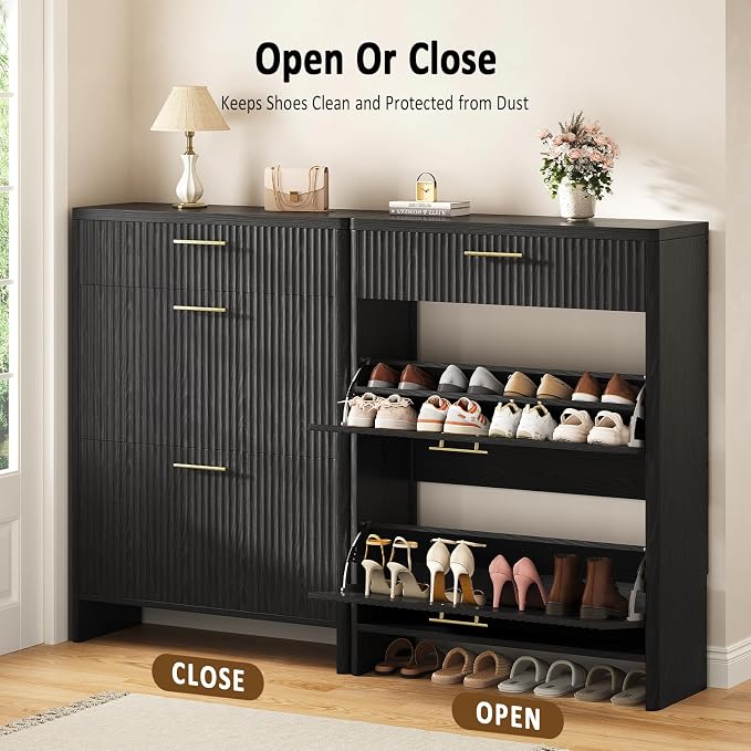 Fluted Shoe Storage Cabinet for Entryway, Narrow Wooden Shoe Cabinet with 2 Flip Drawers & Pull-Out Drawer, Modern Freestanding Slim Shoe Organizer Rack for Foyer/Hallway/Living Room, Black