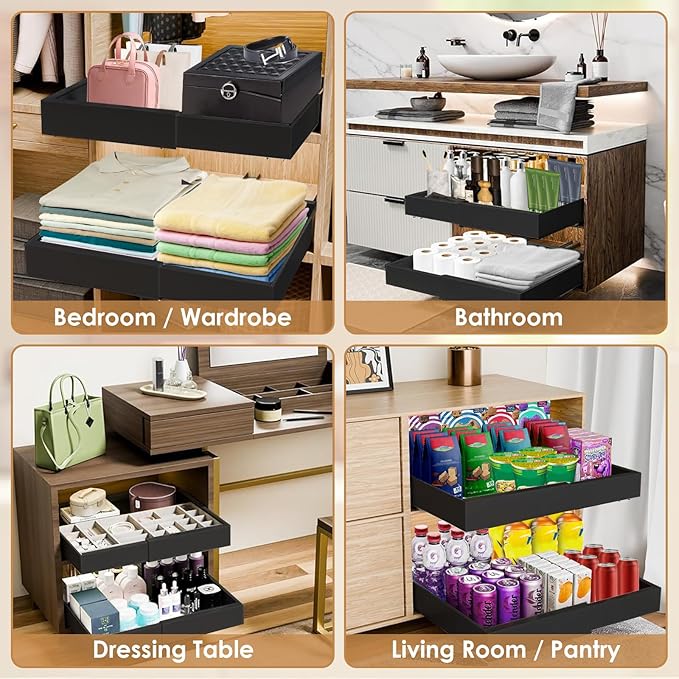 THMINS 2 Pack Heavy Pull Out Cabinet Organizer, 21" Deep Expandable (12.6" - 20.5") Heavy Duty Slide Drawers Pull Out Drawers for Kitchen Storage Cabinet (Black)