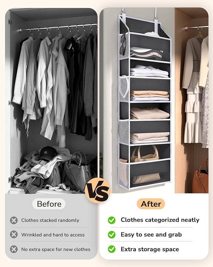 ULG 2 Pack Small Over Door Organizer with 4 Large Pockets 8 Mesh Side Pockets, Hanging Storage Organizer with Clear Window Kids Toys Deep Gray