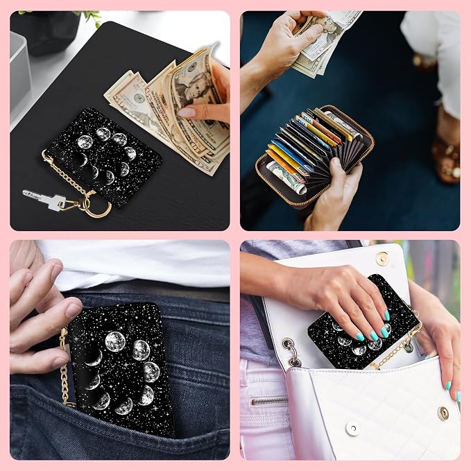 Blusabaca RFID Credit Card Holder Small Women Travel Wallet, Night Moon | Removable Keychain, Case with Zipper, Vegan PU Leather, Cash Coin Pocket, Business Accordion Purse, Ladies Female Gift