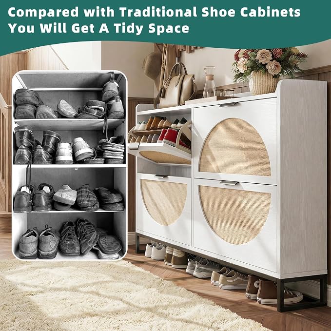 Flip Drawer Shoe Cabinet, Slim Narrow Entryway Storage Furniture with Hidden Flip-Open Organizer, Engineered Wood & Veneer Construction, 4 Drawer, White