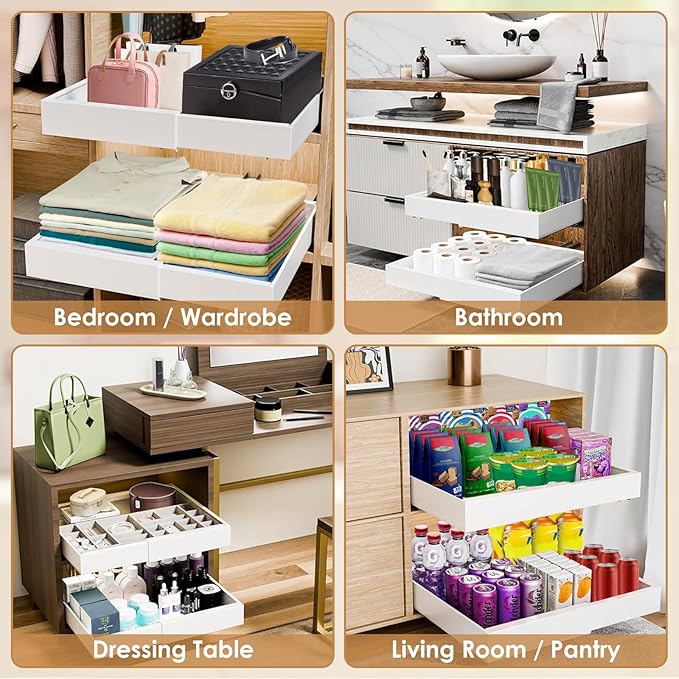THMINS Expandable Pull Out Cabinet Organizer, 21" Deep Expandable (12.6" - 20.5") 3 Heavy Duty Slide Drawers Pull Out Drawers for Kitchen Storage Cabinet (White)