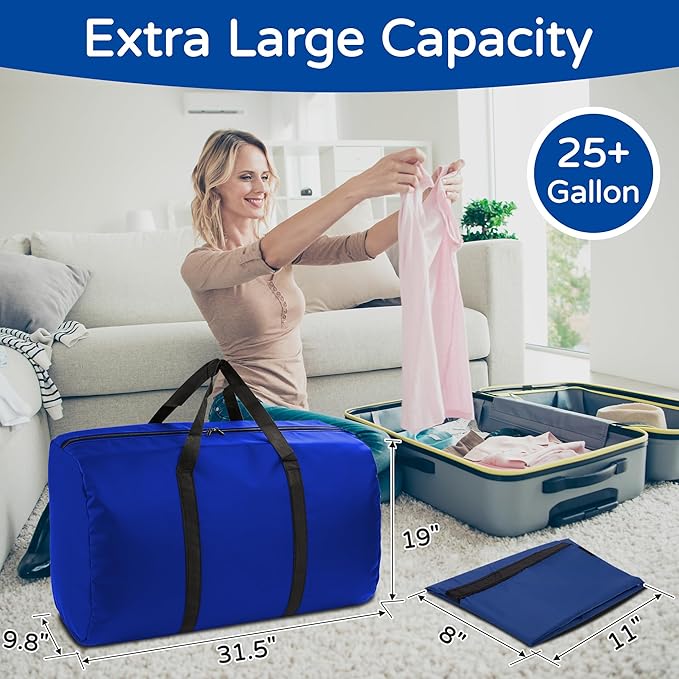 4 Pack 96L Extra Large Moving Bags with Zippers & Carrying Handles for Storage, Packing, Traveling, Camping, Langdry, Big Heavy Duty Moving Totes Bags for Clothes, Supplies and Space Saving Blue
