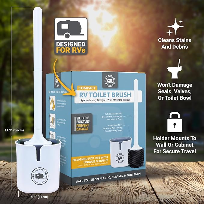 Unique RV Silicone Toilet Bowl Brush with Holder, 2-Pack | Wall-mount no-drip holder; non-scratch bristles help clean RV & camper toilet bowls & conserve bathroom space