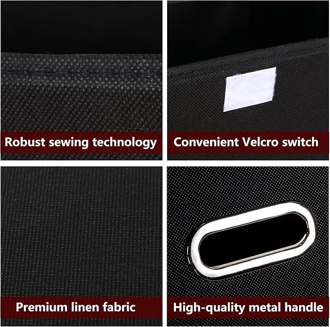 STOREONE Fabric Storage Cube Bins Foldable Organizer Container Collapsible Basket with Lids and Metal Handles, for Home, Bedroom, Closet (Black, 3 Pcs)
