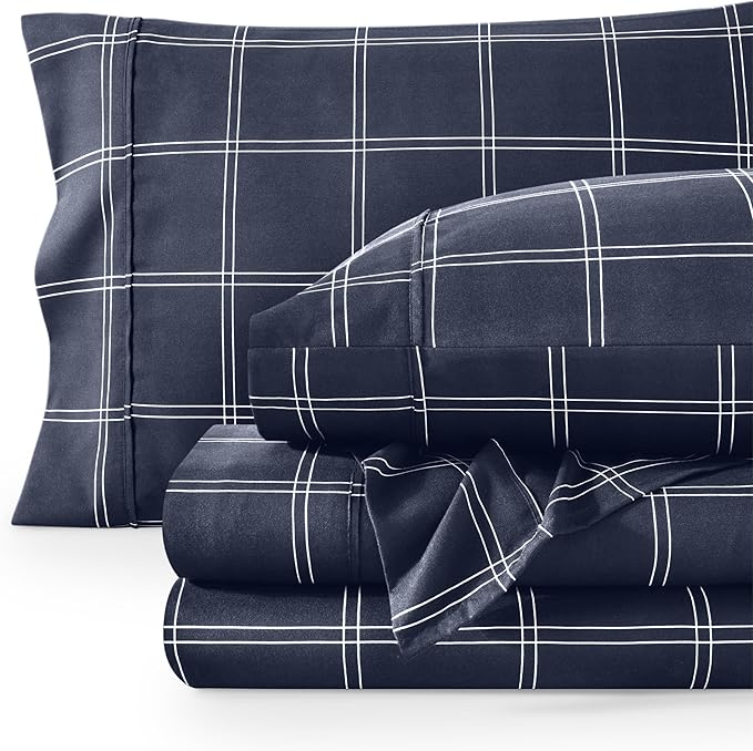 Bare Home Twin XL Sheet Set - Luxury 1800 Ultra- Soft Double Brushed Microfiber - Deep Pockets - Easy Fit - 3 Piece Bedding Sheet Set Bedding Sheets(Twin XL, Modern Plaid - Midnight/White)