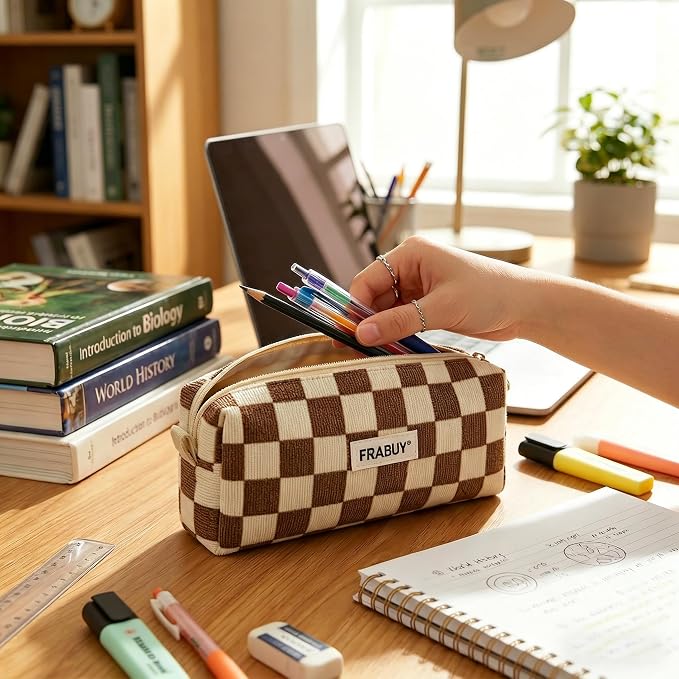 Soft Corduroy Pencil Case Pen Pouch Organizer, Small Stationery Bag | Cute brown checkerboard pouch, smooth zipper, daily cosmetics holder, compact organizer for school teen girls, women