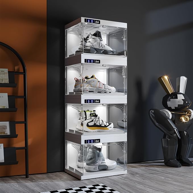ANTBOX Shoe Organizer LED Smart Control,Auto-Shoe Boxes Clear Plastic Stackable for Sneaker Display Case and Collection Crate,Auto-Opening Shoe Storage Box (4pack) White
