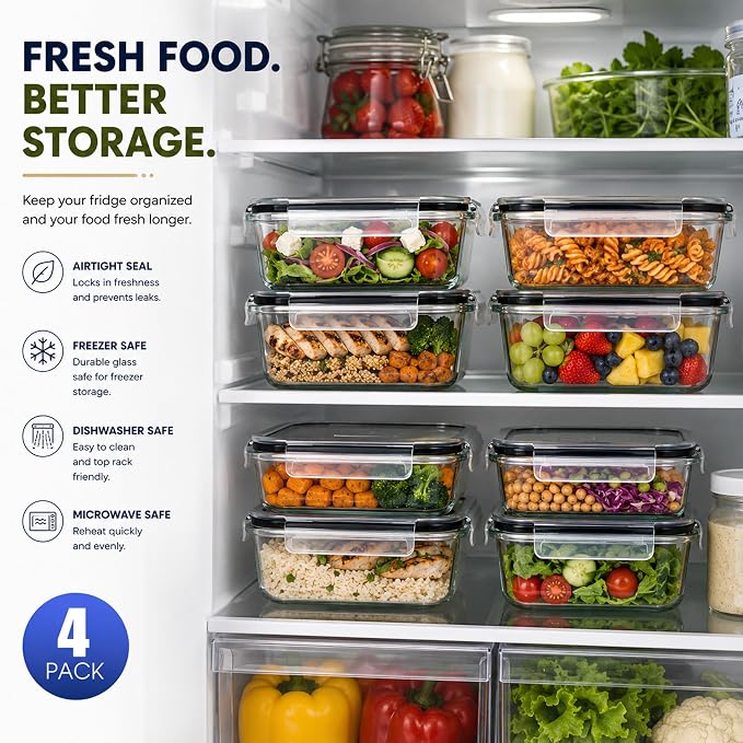 Sorbus Glass Meal Prep Containers Set – Freezer, Dishwasher, Oven Safe – Reusable Food Storage Bowls, 4 Cup Capacity for Meal Prep and Storage (4 Rectangular Vented Lid)