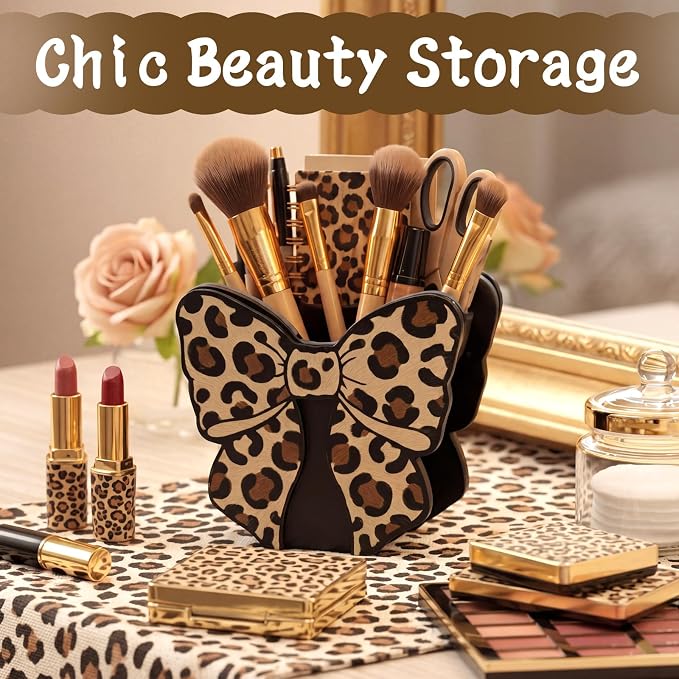 Tenceur Leopard Print Bow Holder for Desk Large Capacity Bow Wooden Pencil Holder Coquette Supplies Desk Organizer Cute Teacher Office Decor Makeup Brush Holders Back to School Gift for Girls Women