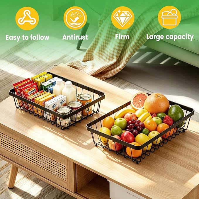 2-Tier Fruit Basket for Kitchen Counter with 2 Banana Hangers | Large Metal Fruit Bowl, Versatile Holder for Veggies, Produce Storage, 12.5"×7.5"×12"-Black