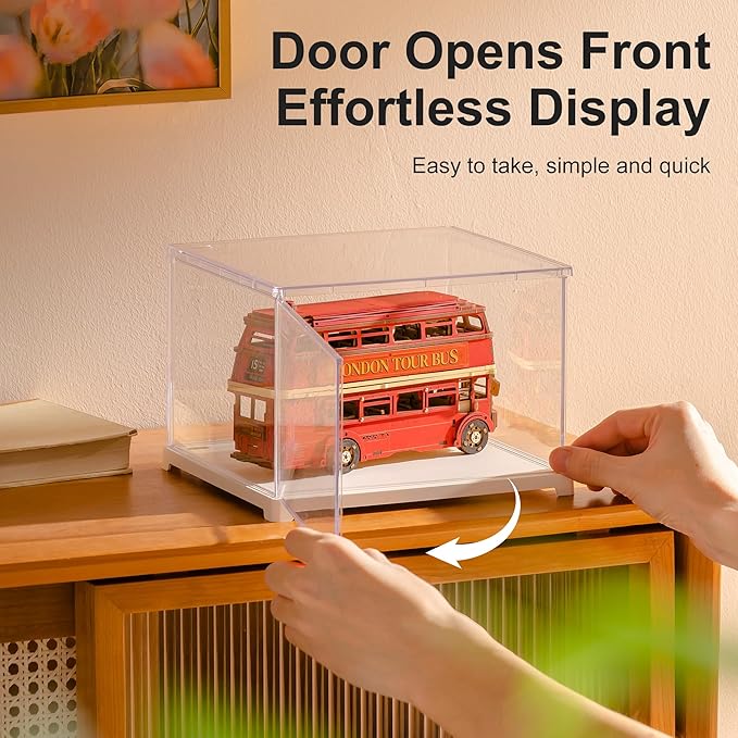 Rolife Acrylic Display Case Dust Cover for Collectibles, Dustproof Protection Showcase with White Base with Door for Mini Dollhouse, 3D Puzzles (8.8''x7.6''x6'')
