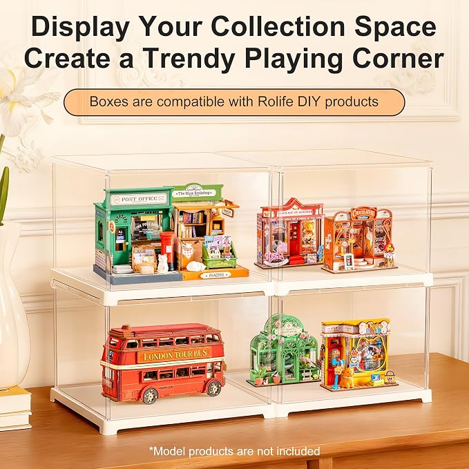 Rolife Acrylic Display Case Dust Cover for Collectibles, Dustproof Protection Showcase with White Base with Door for Mini Dollhouse, 3D Puzzles (8.8''x7.6''x6'')