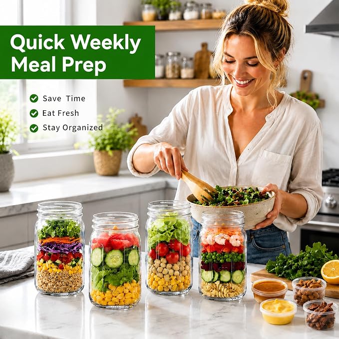 9Pack Salad Meal Prep Containers, 32oz Large Glass Salad Jars with Lids Meal Prep with 4 Forks, Leakproof Salad Container for Lunch with Separate Wet/Dry Dressing Cups for Home, Office and Outdoor