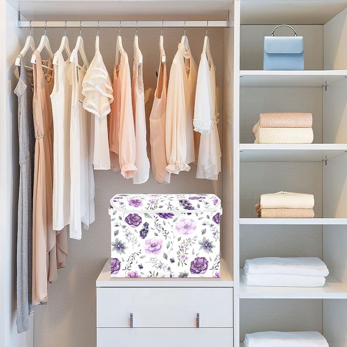 CaTaKu Large Fabric Storage Bins With Lids, Watercolor Purple Floral Storage Boxes With Handles for Organizing Clothes, Collapsible Storage Cube Bins Baskets for Shelves