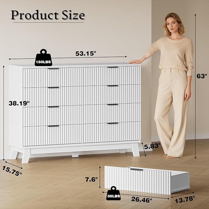 BORNOON 53" Wide Dresser for Bedroom, 8-Drawer Fluted Chest of Drawers, Modern Wood Highboy with Metal Slides and Handles, Anti-Tip Kit, Vertical Clothes Storage Organizer for Apartment, Closet