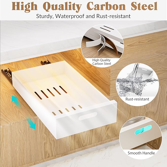 HBL' 2 Pack | 21" Deep Pull Out Cabinet Organizer Adhesive, 10-Inch Wide Sturdy Carbon Steel Roll-Out Drawers for Face Frame or Frameless Cabinets,Slide-Out Shelves for Pantry.