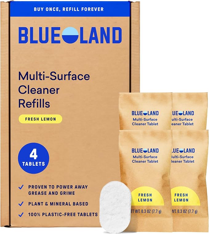BLUELAND Multi-surface Spray Cleaner, 4-Pack Refill, Eucalyptus Mint | 100% Plastic-Free Tablet, EPA Safer Choice Certified, Free from Ammonia, PFAS & Microplastics, Safe on Glass, Stone, Wood
