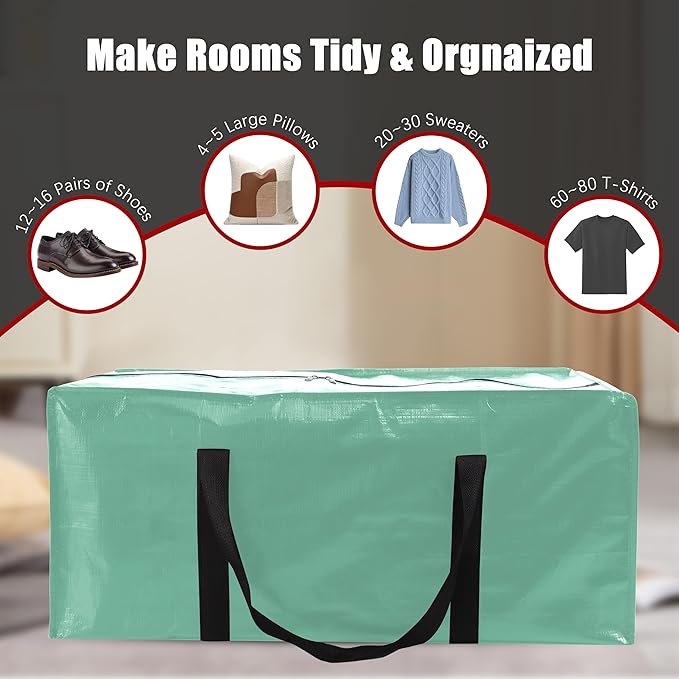 PANDA JOYS 8 Pack Extra Large Moving Bags with Zippers & Carrying Handles, Heavy-Duty Storage Tote for Space Saving Moving Storage, Fold Flat, Alternative to Box and Bin,Teal