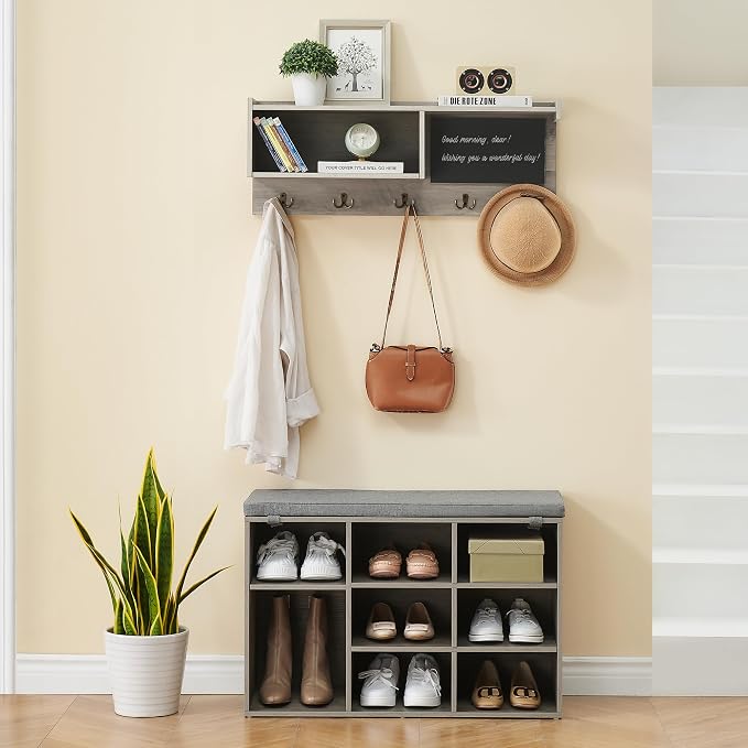 Entryway Shoe Bench with Coat Rack, Cushioned Storage Seat with Cubbies, Shoe Rack Bench for Front Door Entrance, Hall Tree with Hooks, Blackboard & Extra Storage for Entryway, Hallway & Living Room