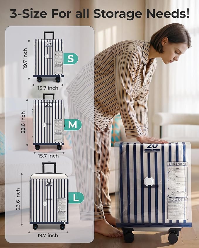 BAGSMART Travel Vacuum Seal Bags with Pump, Jumbo Vacuum Storage Bags for Clothes Blankets Comforters, Space Saver Bags for Travel, Compression Bags for Seasonal Storage-Blue Stripe