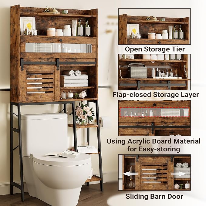 IRONCK Over The Toilet Storage Cabinet with Sliding Barn Door | 5-Tier Farmhouse Bathroom Organizer with Side Open Shelves, Freestanding Space Saver, Adjustable Shelf, Vintage Brown