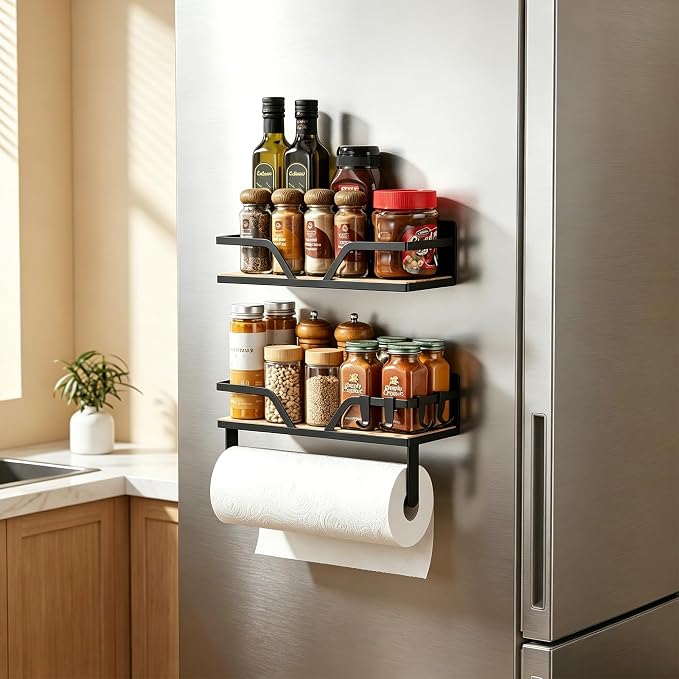 DELITON Magnetic Paper Towel Holder with Shelf - 2 Pack Wall Mount or Magnet Spice Rack for Kitchen Refrigerator RV