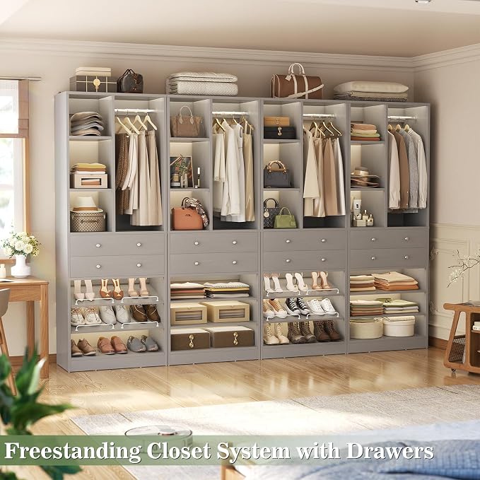 Besiost Closet System, 112"/9.3 FT Closet Organizer System with 8 Drawers and Shelves, Fit 120"/10FT Walk-in Closets Systems, Free Standing Reach in Closet Tower, Load 2400+LBS, Morandi Grey 4 Pack