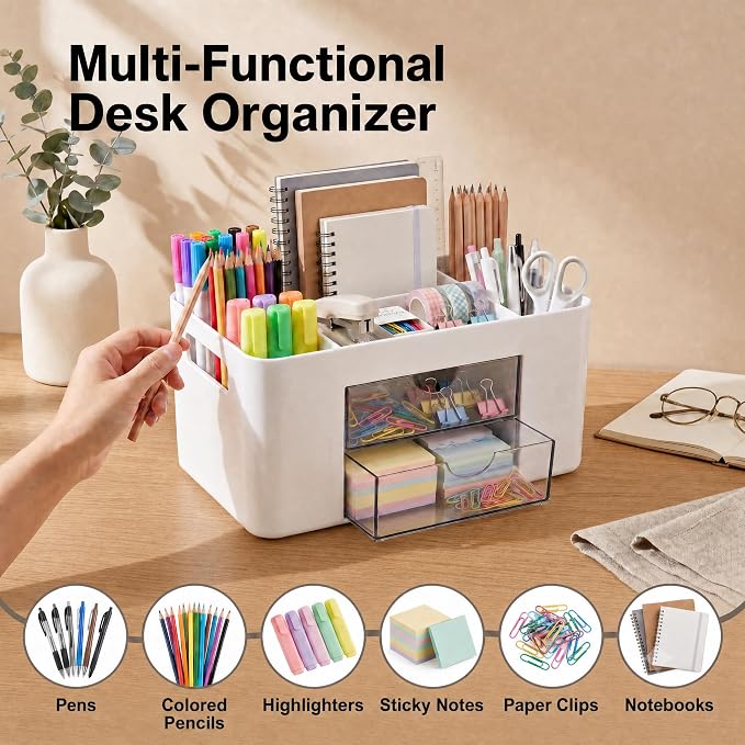 White Desk Organizer with Drawers, 4 Slots, Side Handles, Pen Holder | Desktop caddy for office supplies, makeup brushes, art & vanity | 5 compartments, 2 pull-out drawers, built-in side handles