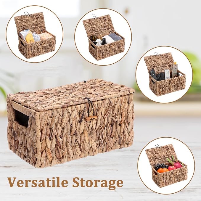 Sumnacon Storage Basket with Lid, Water Hyacinth Shelf Baskets for Organizing, Farmhouse Bathroom Woven Bins for Tampons and Pads, Toilet Paper, Towels,Decorative Organizer Box for Counter, Vanity (M)