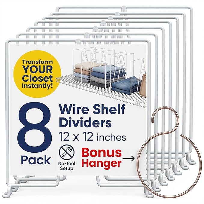 White Wire Shelf Dividers for Closet Organization – 16-Pack – Sturdy and Easy Set-Up Closet Shelf Dividers with Bonus Rose Gold Hanger – 12 inches x 12 inches