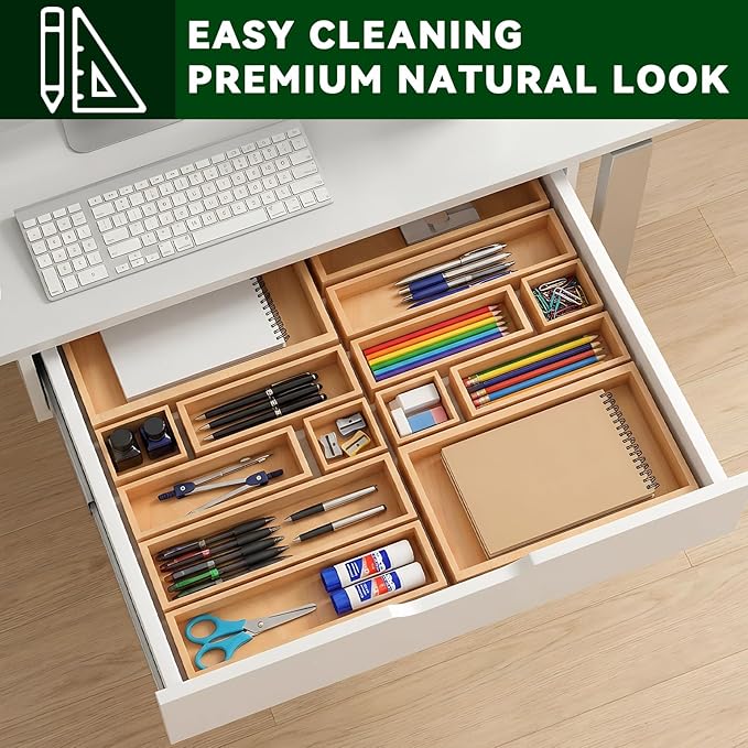 Bamboo Drawer Organizer 7 Pcs for Kitchen Multi-purpose Storage Dividers for Kitchen, Office, Jewelry, Cosmetics, Wooden Drawer Dividers for Drawer Organizer Desk Organizer Gift for Women Gifts Idea