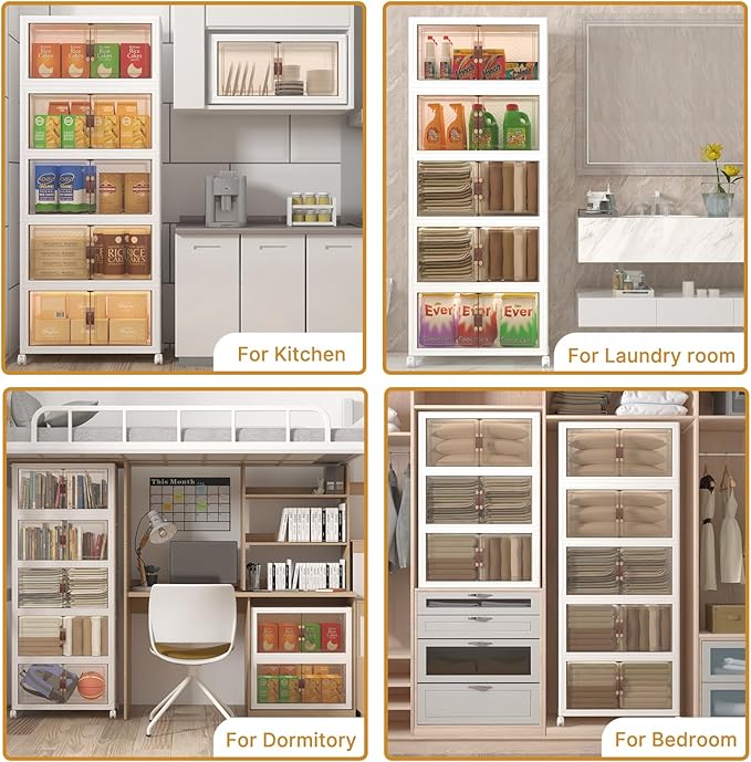 UAMFURI Stackable Storage Bins with Lids, 600QT Closet Organizers, Lockable Storage Cabinet，Foldable Storage Box with Doors and Wheels, Plastic Drawers for Home, Garage, Office (5, White, Large)