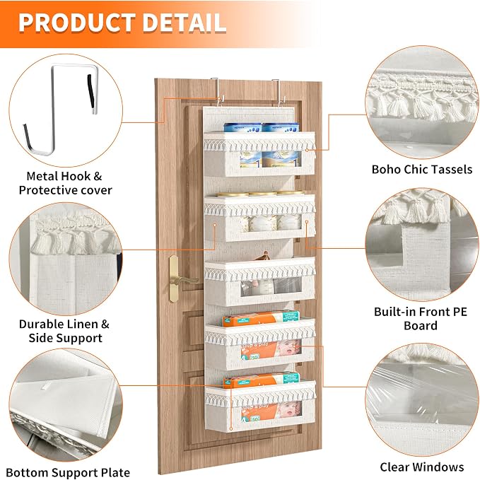 Aokeyee 5 Tier Over Door Organizer Nursery with Tassels and Clear Window | Boho Door Organizer Hanging, 65lb Behind The Door Storage for Bedroom Bathroom