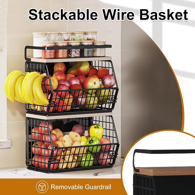 Fruit Basket 2 IN 1 Magnetic & Hanging Wall Produce Basket with Spice Rack for Potato and Onion Storage for Pantry,Kitchen Countertop and Fridge Organizer 2 PCS
