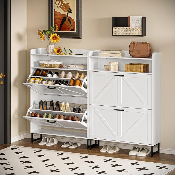 Wodeer Shoe Storage Cabinet with 2 Flip Drawers, Narrow Wood Shoe Cabinet Storage for Entryway with Metal Legs & Hooks, Adjustable Shelves, Freestanding Shoe Rack Organizer for Foyer, Hallway, White