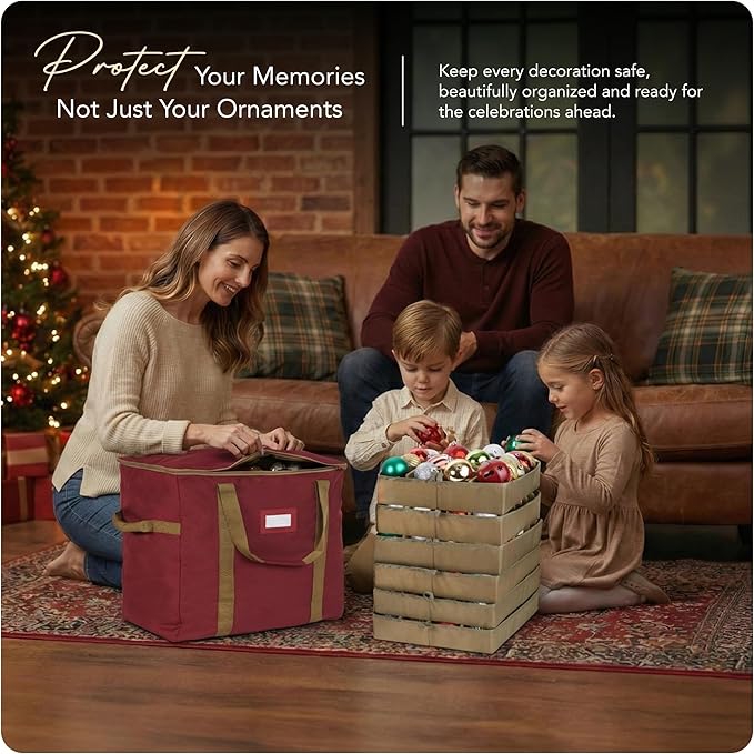 Covermates Keepsakes Adjustable Ornament Storage Bag – Heavy-Duty Polyester, Padded Dividers & FlexGrid Trays – Protective Holiday Ornament Organizer with Handles & Label Window, Red