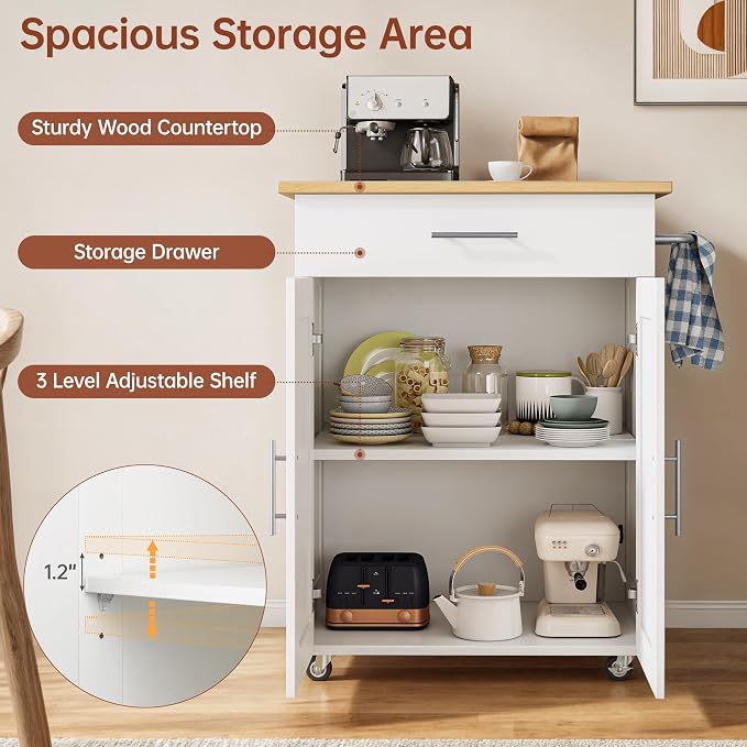 OtterOasis Kitchen Island Cart with Storage, Small Kitchen Island on Wheels with Large Drawer, Adjustable Shelf & Towel Rack, Rolling Island Table for Kitchen & Dining Room, White