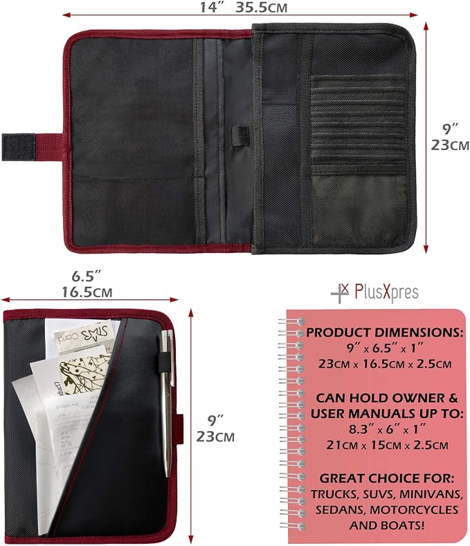 PlusXpres Glove Box Compartment Organizer - Car Document Holder - Red | Owner Manual Case Pouch, Vehicle Storage Wallet for Registration and Insurance Card, Auto Paperwork Holder, Log Book included