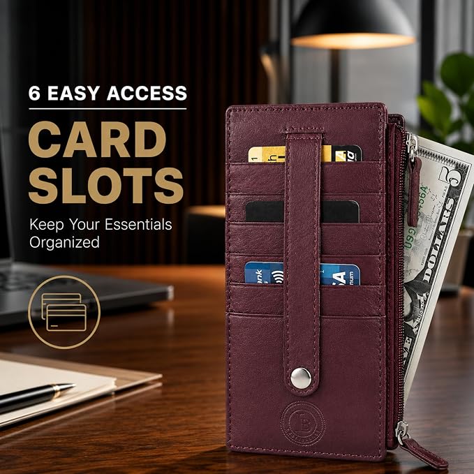 Leatherboss Genuine Leather Women's All in One Credit Business Card Case Holder Slim Zipper Wallet With a Card Protection Strap, Cherry