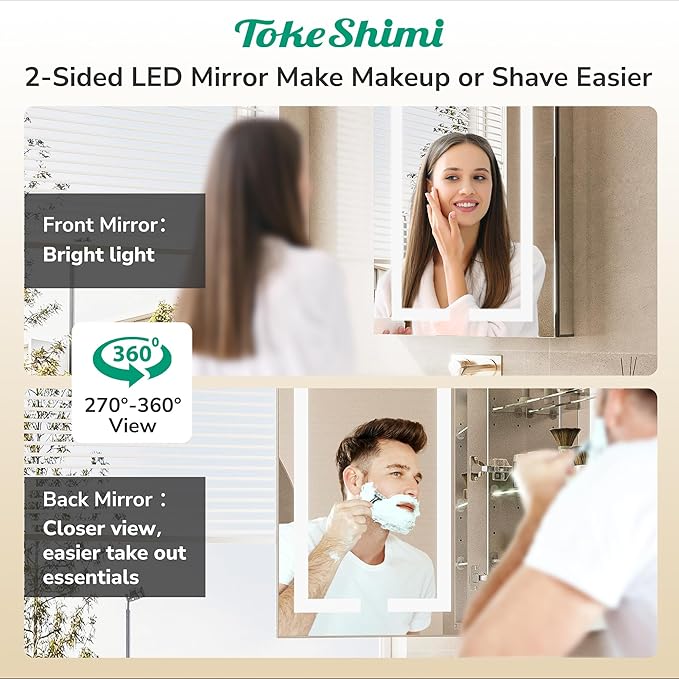 TokeShimi 30x26 Recessed Medicine Cabinet with Lights 3 Color Dimmable and Defogger, Led Medicine Cabinet Mirrored with Outlet Surface or Recessed, Bathroom Mirror with Storage Adjustable